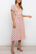 Kelsidress V Neck Short Sleeve Tie Waist Polka Dot Dress