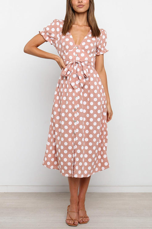 Kelsidress V Neck Short Sleeve Tie Waist Polka Dot Dress