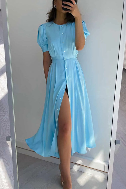 Kelsidress Puff Short Sleeve Button Down Slit Dress