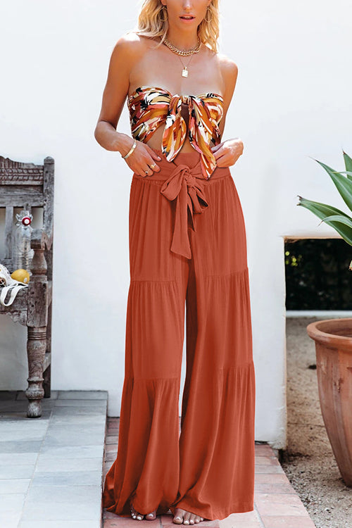 Kelsidress Solid Tie Waist Ruched Wide Leg Pants