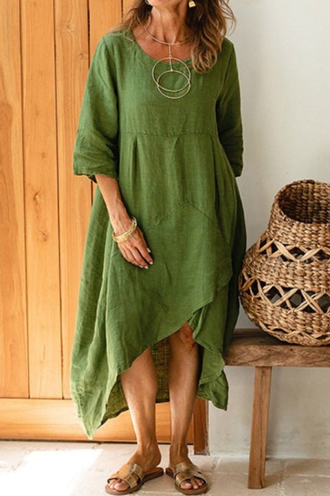 Kelsidress Irregular Crewneck Plain Cotton Linen Dress