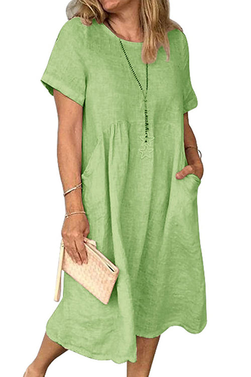 Kelsidress Short Sleeve Pockets Ruched Cotton Linen Dress