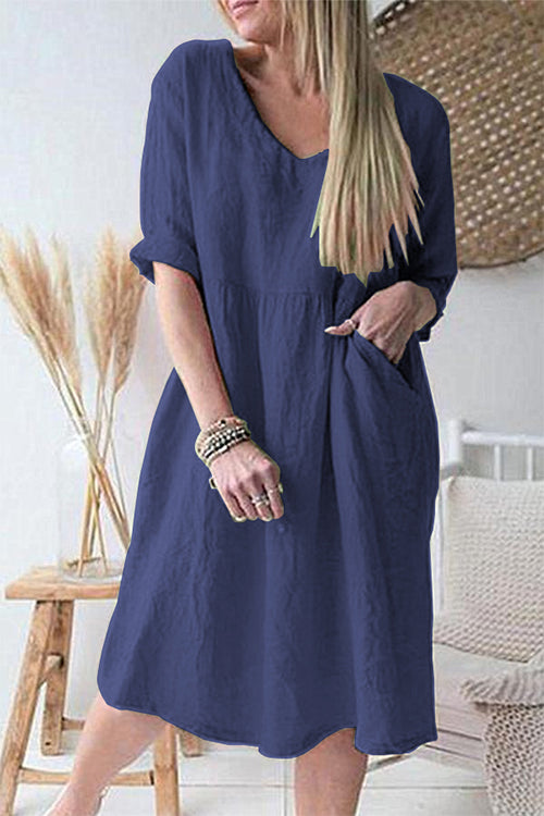 Kelsidress V Neck Loose Midi Cotton Linen Dress with Pockets
