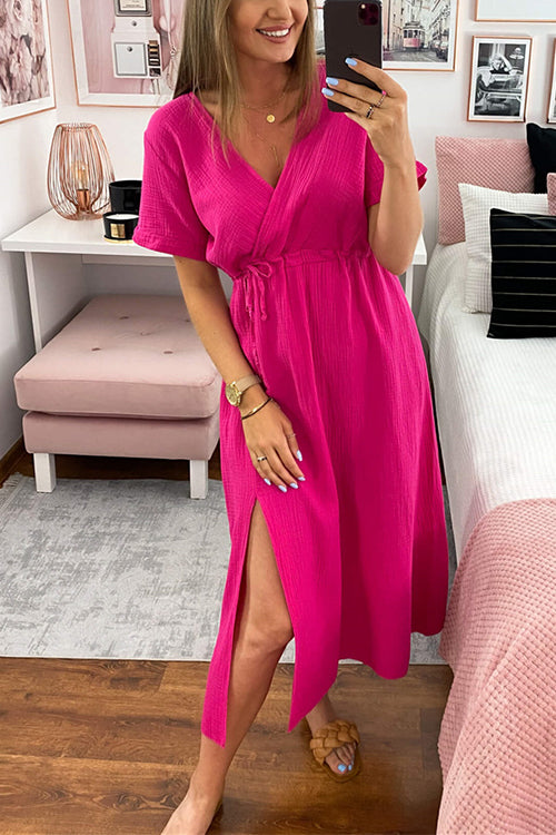 Kelsidress Wrap V Neck Tie Waist Short Sleeve Side Split Dress