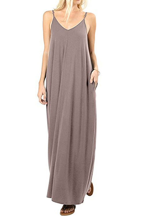Kelsidress Solid V Neck Loose Cami Dress with Pockets