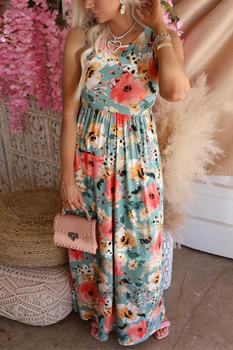 Kelsidress Crewneck Sleeveless High Waist Floral Printed Dress