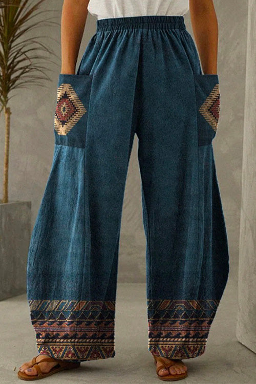 Kelsidress Elastic Waist Wide Leg Printed Pants with Pockets