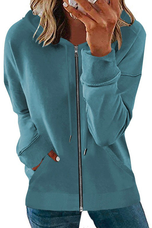 Kelsidress Drawstring Zip Up Hoodied Sweatshirt with Pockets