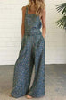 Kelsidress Buttons Printed Wide Leg Tank Overalls with Pockets