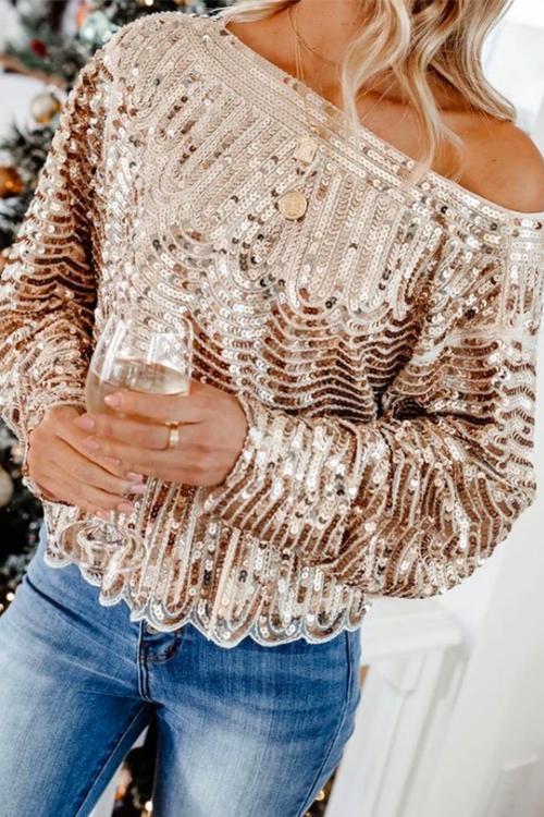 Kelsidress Sparkly Crewneck Manches Longues Ruffle Sequin Tops