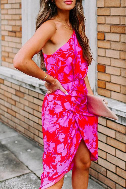 Kelsidress One Shoulder Tulip Hem Ruched Printed Dress