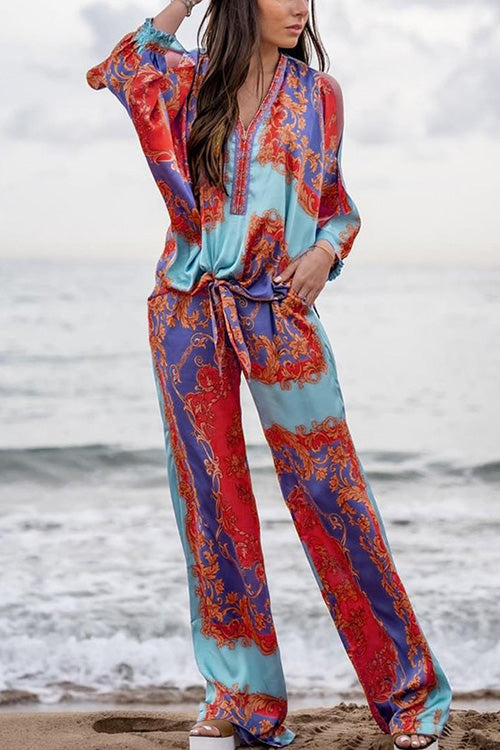 Kelsidress V Neck Tie Front Batwing Blouse and Wide Leg Pants Printed Set