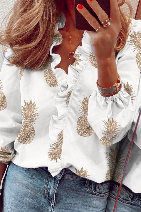 Kelsidress Langarm-Shirt mit Rüschen und V-Ausschnitt