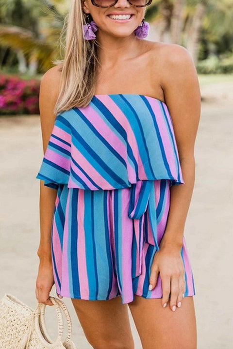 Kelsidress Off Shoulder Sleeveless Color Block Striped Romper